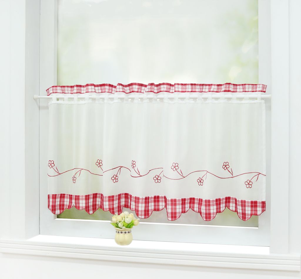 Joyswahl Scheibengardinen Bistrogardine Modern Küche Gardinen mit rotem Karomuster Landhausstil Stickerei Transparent Weiß HxB 60x145 cm
