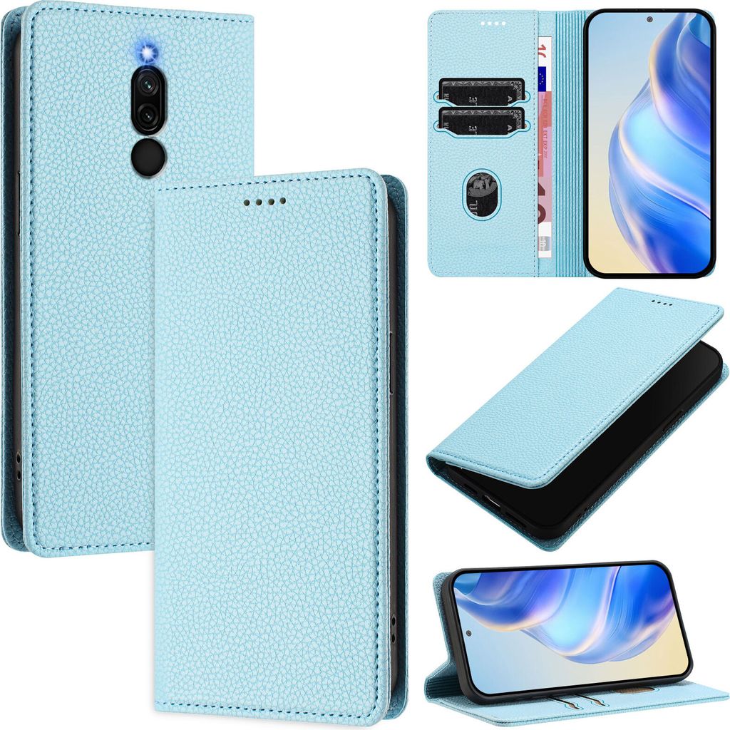 Litchi Leder Handyhülle für Xiaomi Redmi 8/Redmi 8A Wallet Kartenfächer Standfunktion Hülle Hellblau