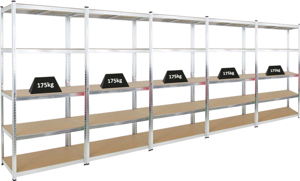 Mega Deal | 5x Schwerlastregal Giant Ragnar | HxBxT 200x100x50cm | 5 MDF-Platten-Ebenen | Fachlast 175kg | Verzinkt