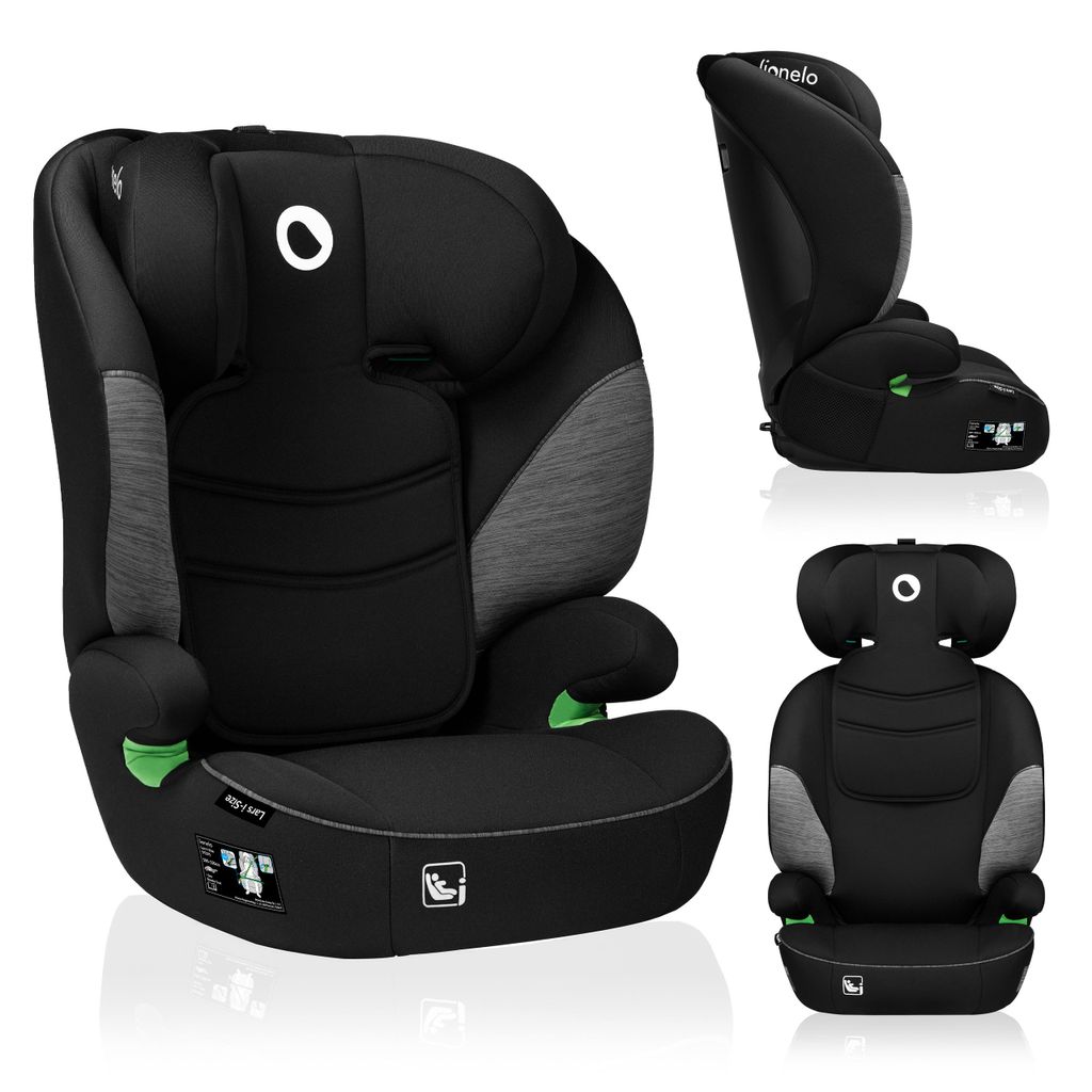 A black and gray car seat is displayed from multiple angles against a white background.