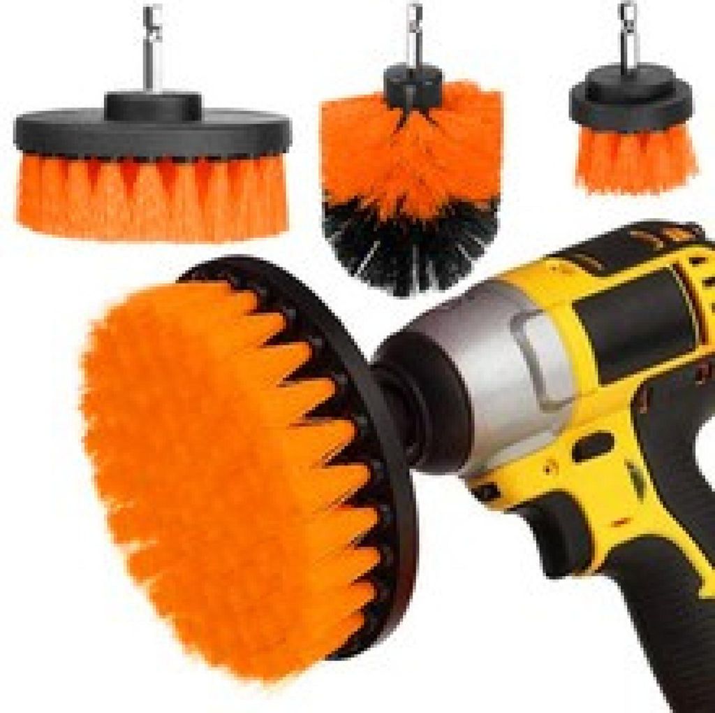 A collection of drill brush attachments and a power drill.