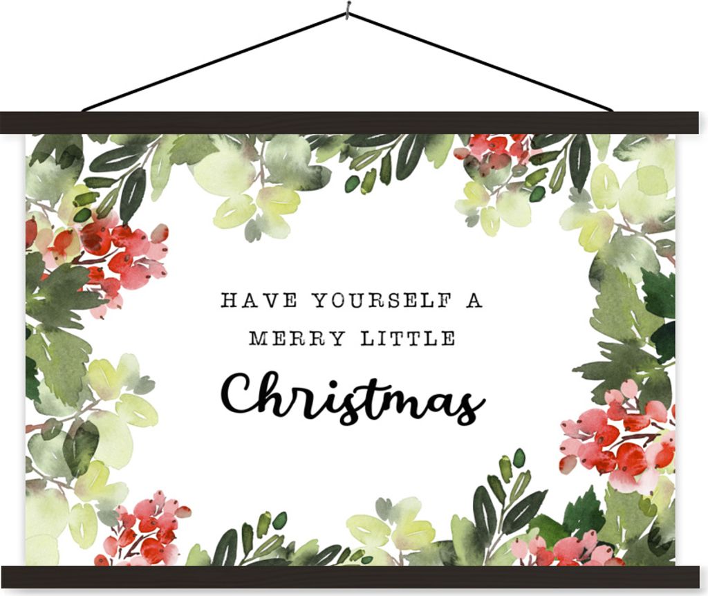 MuchoWow Textilposter Weihnachten - Zitat - Pflanzen 90x60 cm mit schwarzem Rahmen - Aufhängungssatz