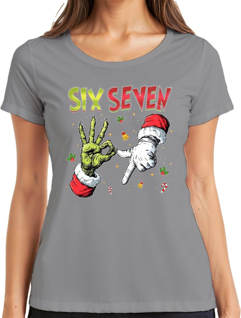 SIX SEVEN Grinch Italian Brainrot 6 7 Handzeichen Weihnachten Meme Damen T-Shirt, Grau, XL