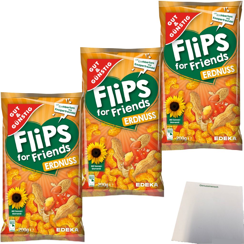 Gut & Günstig Erdnuss-Flips Mais-Erdnuss-Snack 3er Pack (3x200g Tüte) + usy Block