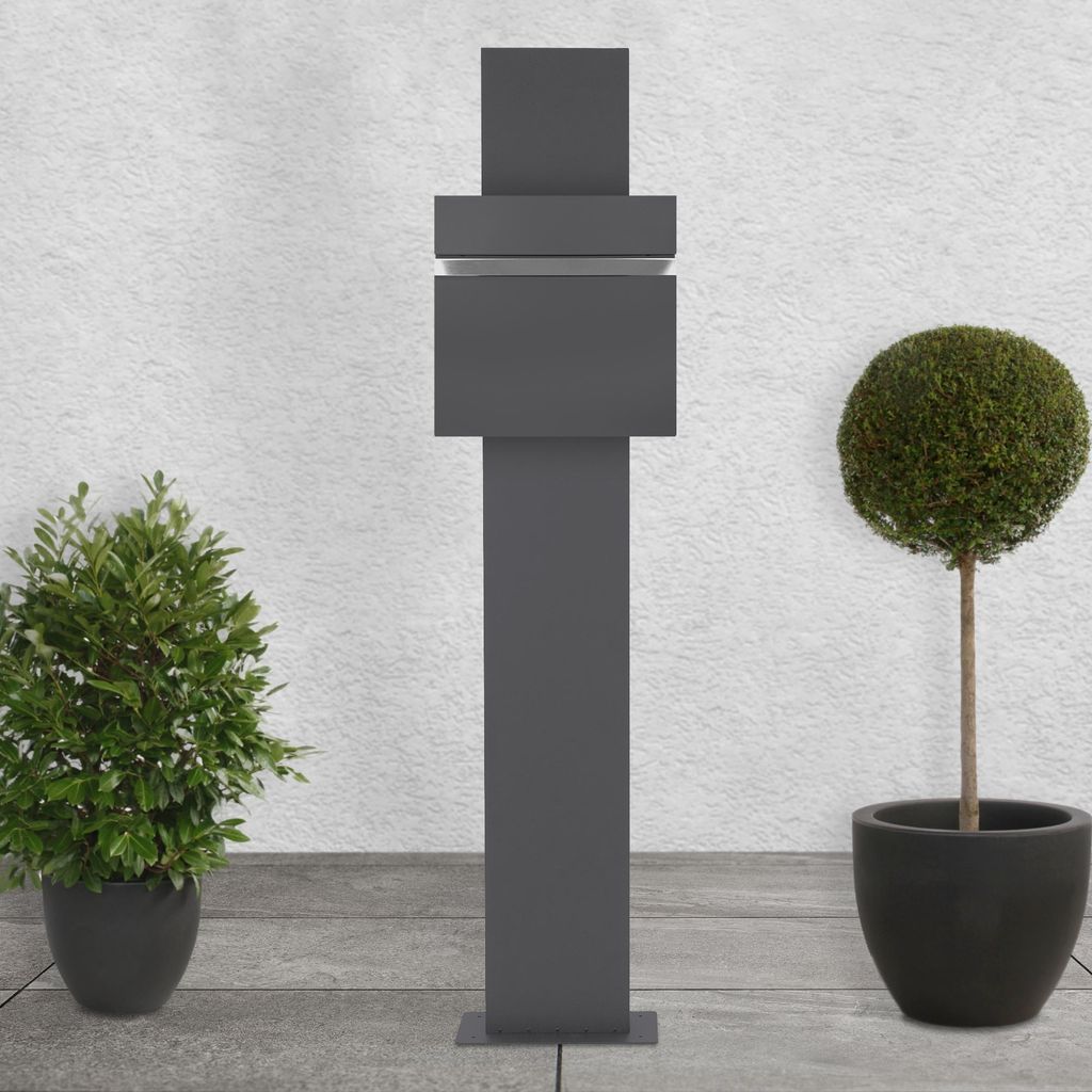ECD Germany Standbriefkasten mit Zeitungsfach, Design Briefkasten Standfuß freistehend, Briefkastenständer Anthrazit 170cm Edelstahl