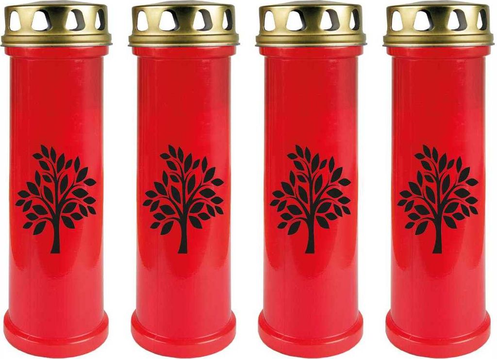 Grabkerze Rot 4er Pack, Brenndauer: 100 Stunden ( je Kerze ), Motiv: Baum