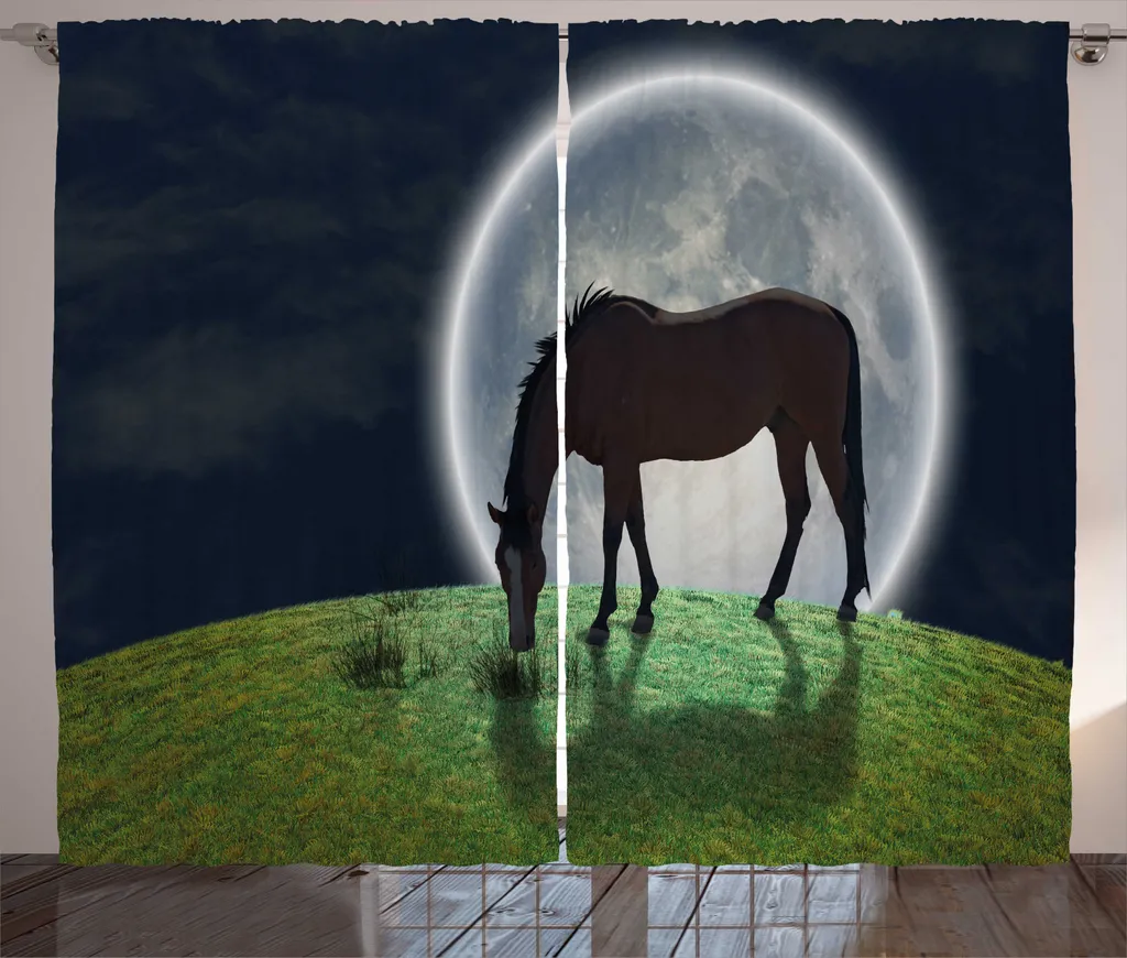 ABAKUHAUS Animali della fattoria Tenda rustica, cavallo su collina Luna piena, camera da letto Tenda con passanti e ganci, 280 x 245 cm, blu notte Verde felce