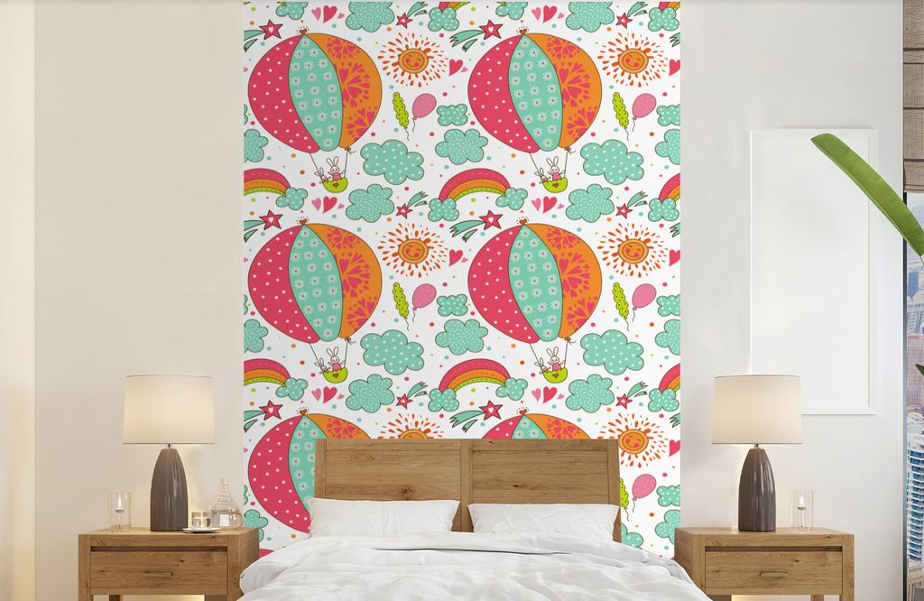 MuchoWow Fototapete für Wohnzimmer oder Schlafzimmer Wandtapete Vinyl Motivtapete Kaninchen - Schnittmuster - Baby - 140x220 cm - Fototapeten