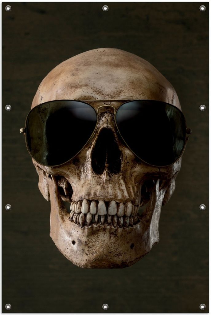 Wallario Outdoor-Poster für Garten oder Balkon, Motiv Totenschädel mit cooler Sonnenbrille, in ca. 100 x 150 cm