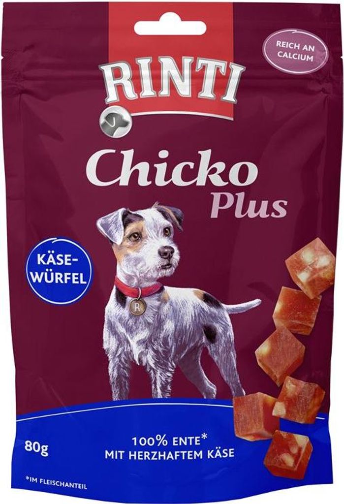 Rinti - Chicko Plus Snack 12x80g | Käsewürfel mit Ente