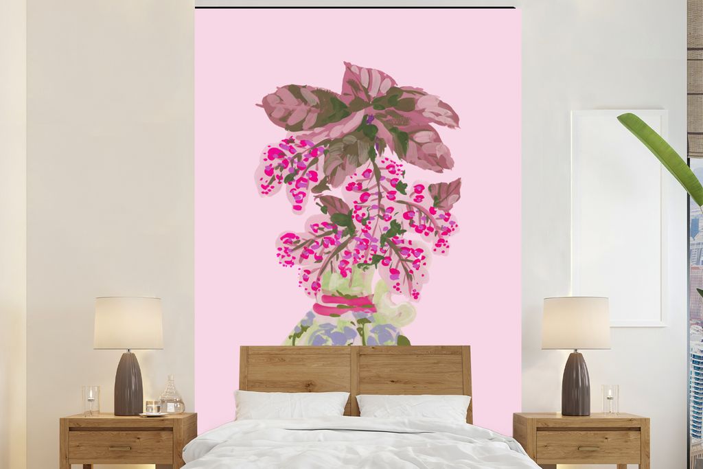MuchoWow Fototapete für Wohnzimmer oder Schlafzimmer Wandtapete Vinyl Motivtapete Blumen - Vase - Rosa - Pflanzen - 160x240 cm - Vinyltapete