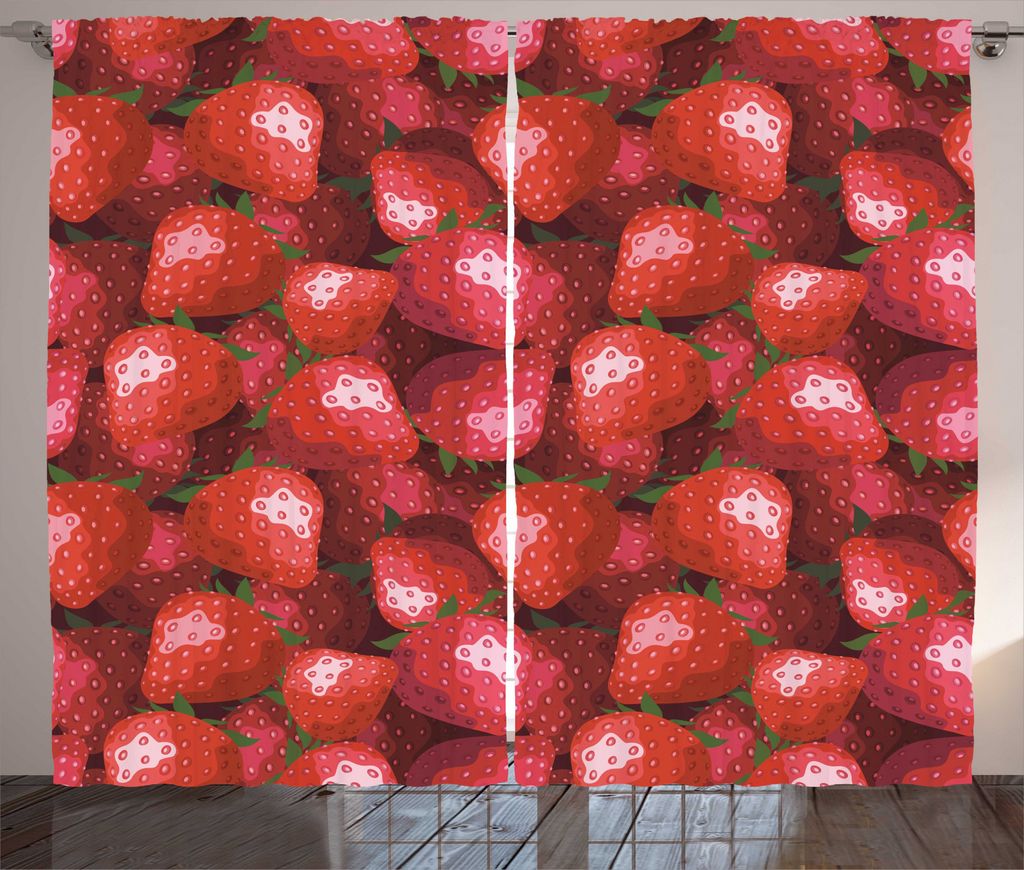 ABAKUHAUS rot Rustikaler Gardine, Erdbeeren Reife Früchte, Schlafzimmer Kräuselband Vorhang mit Schlaufen und Haken, 280 x 245 cm, Jadegrün Rot