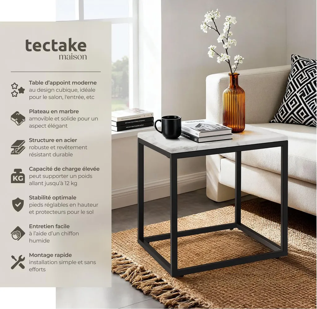 Table d'appoint Alysia aspect marbre carré 40x40 cm - Noir et Blanc