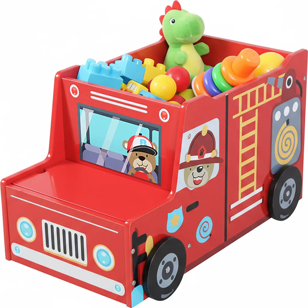 Relaxdays Coffre à jouets Pompiers - Banc de rangement enfant 50L rouge