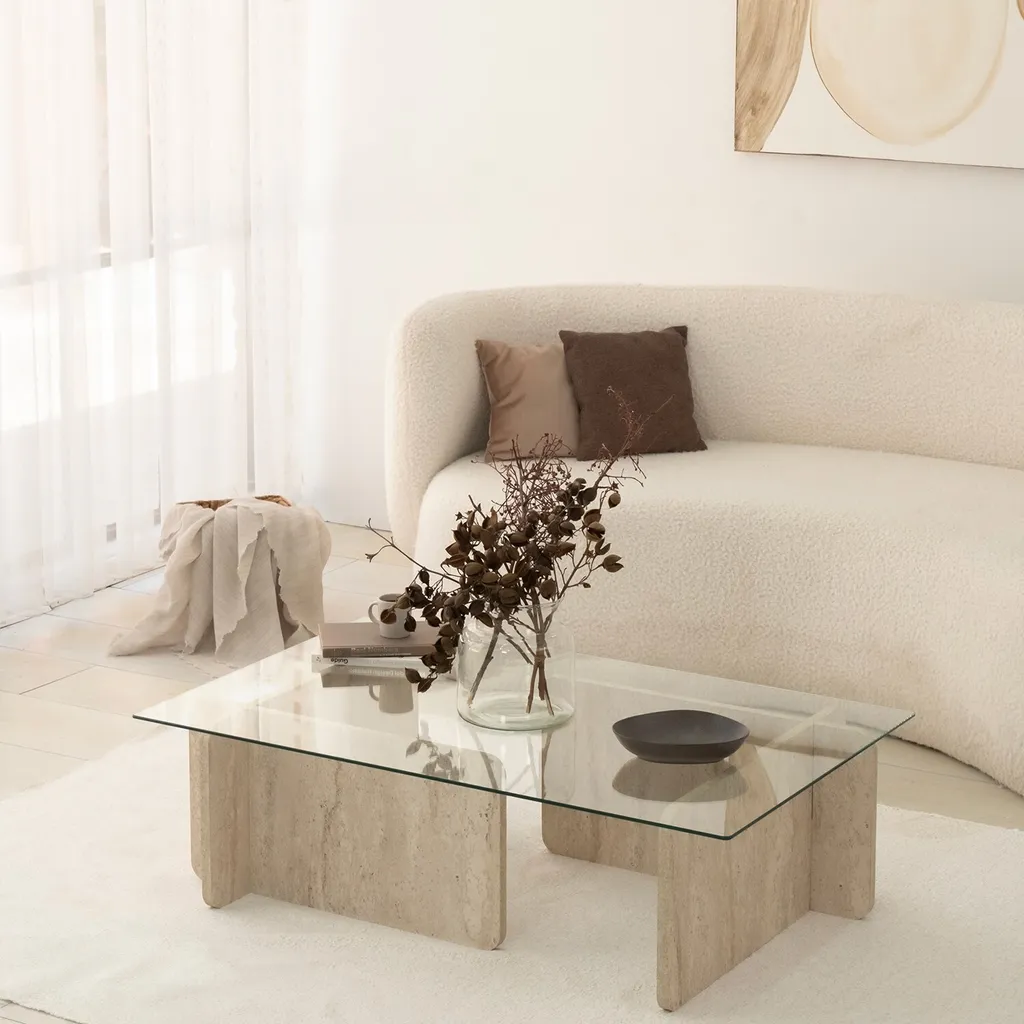 Table basse robuste en travertin et verre 105 cm : design durable - 2