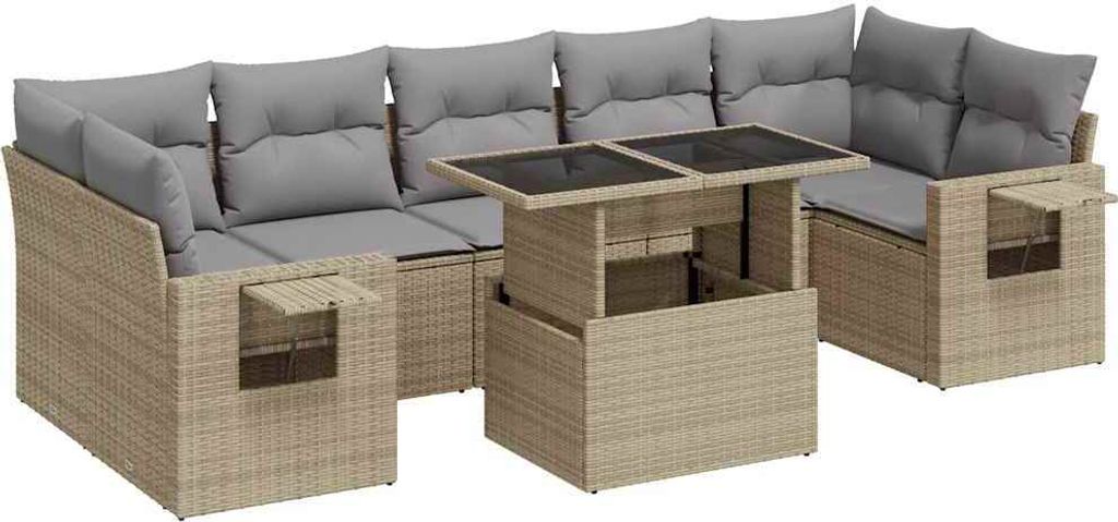 vidaXL 8-tlg. Garten-Sofagarnitur mit Kissen Beige Poly Rattan