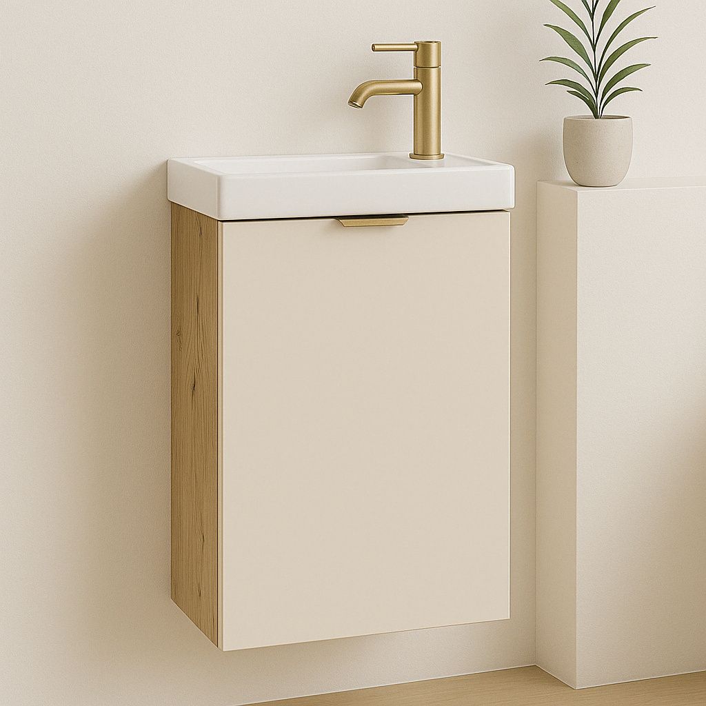WENA Waschtischunterschrank mit Waschbecken 40 cm, gerade Fronten, Griffe aus Metall in der Farbe Gold (Farbe: Kaschmir/Eiche)