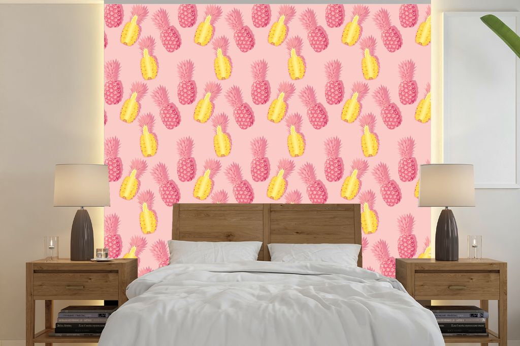 MuchoWow Fototapete für Wohnzimmer oder Schlafzimmer Wandtapete Vinyl Motivtapete Sommer - Ananas - Muster - Rosa - 350x350 cm - Schlafzimmertapete