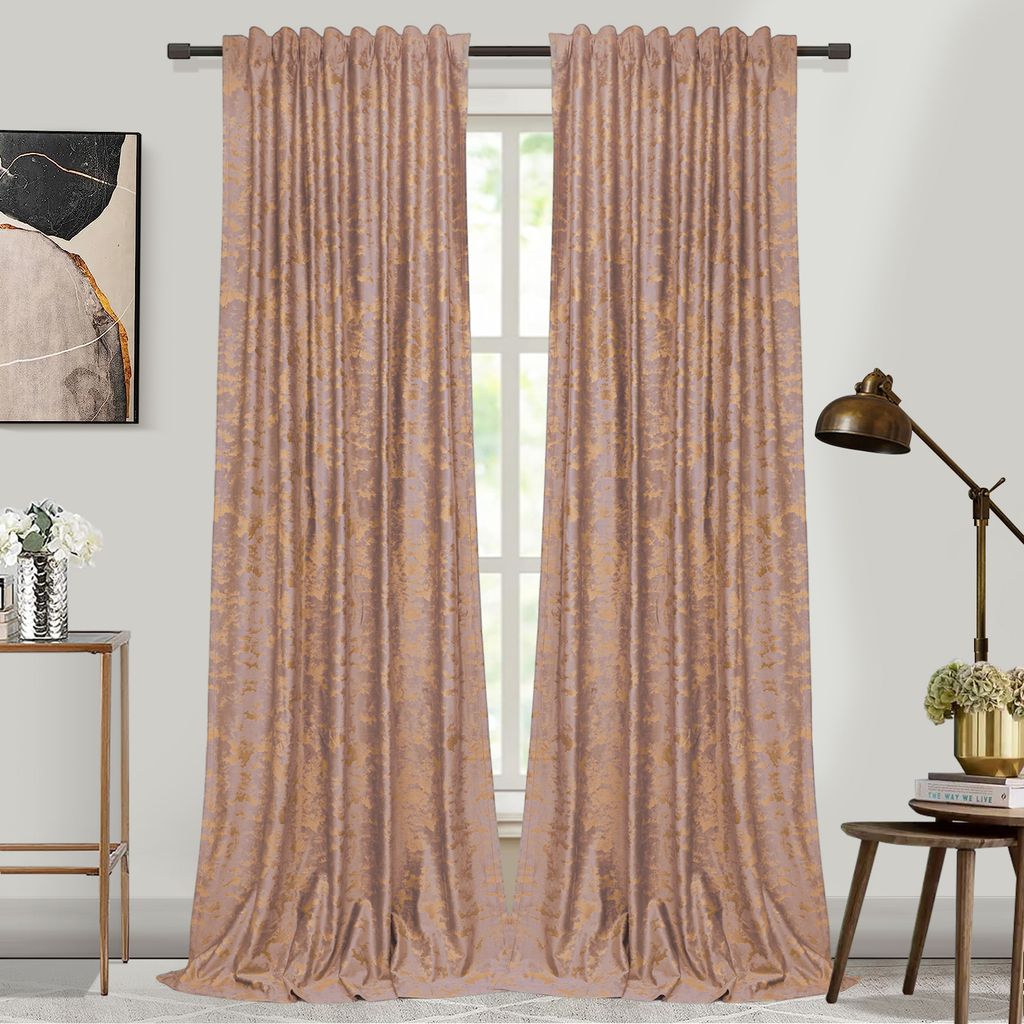2er Set Verdunkelungsvorhang Kräuselband Blackout Curtain Samtvorhang Blickdicht Gold Bedruckte Gardinen Wohnzimmer Schlafzimmer, 132x274cm, Rosa