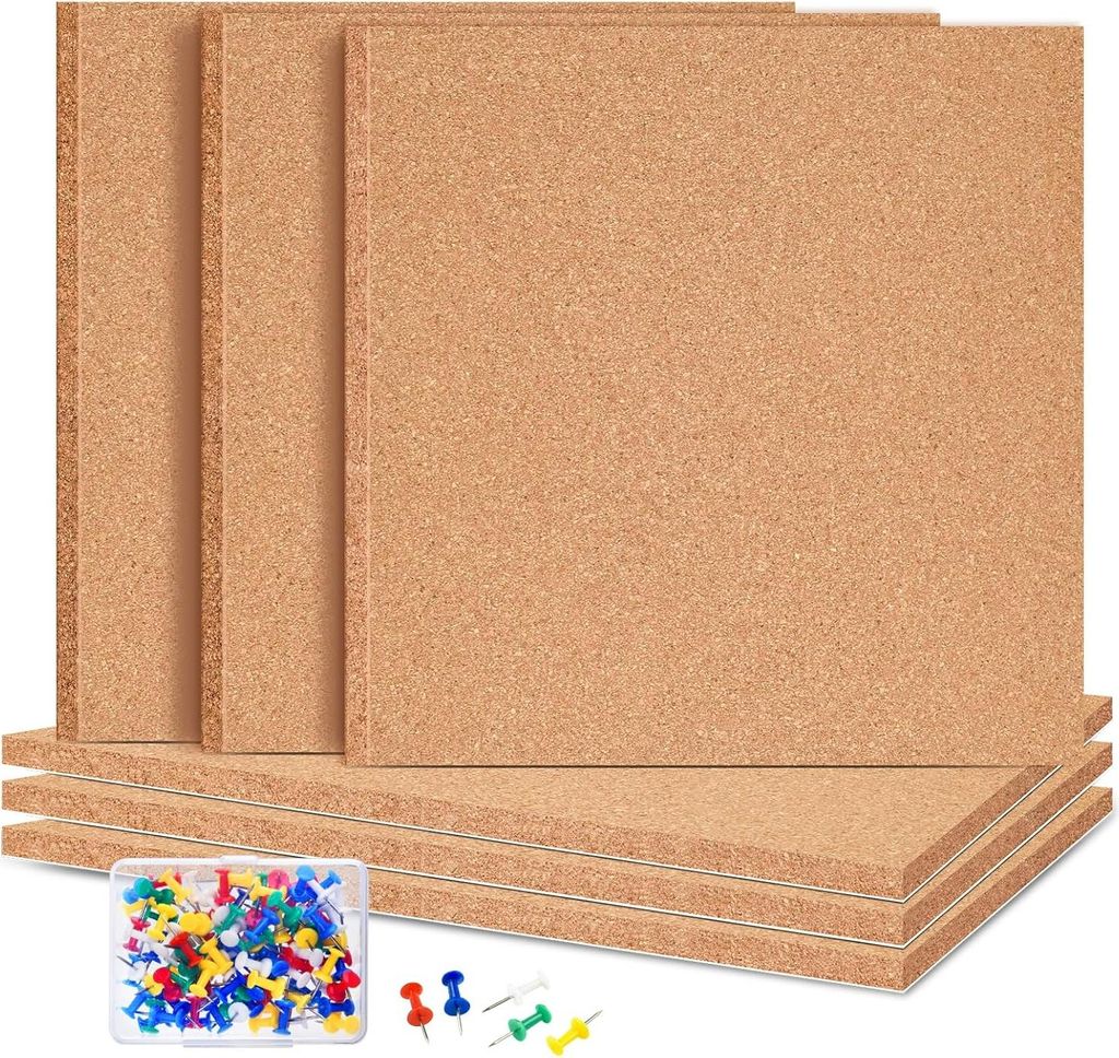 Selbstklebende quadratische Korkplatten mit 100 Pinnadeln - 6 Stück (30 cm x 30 cm x 1/4 Zoll)