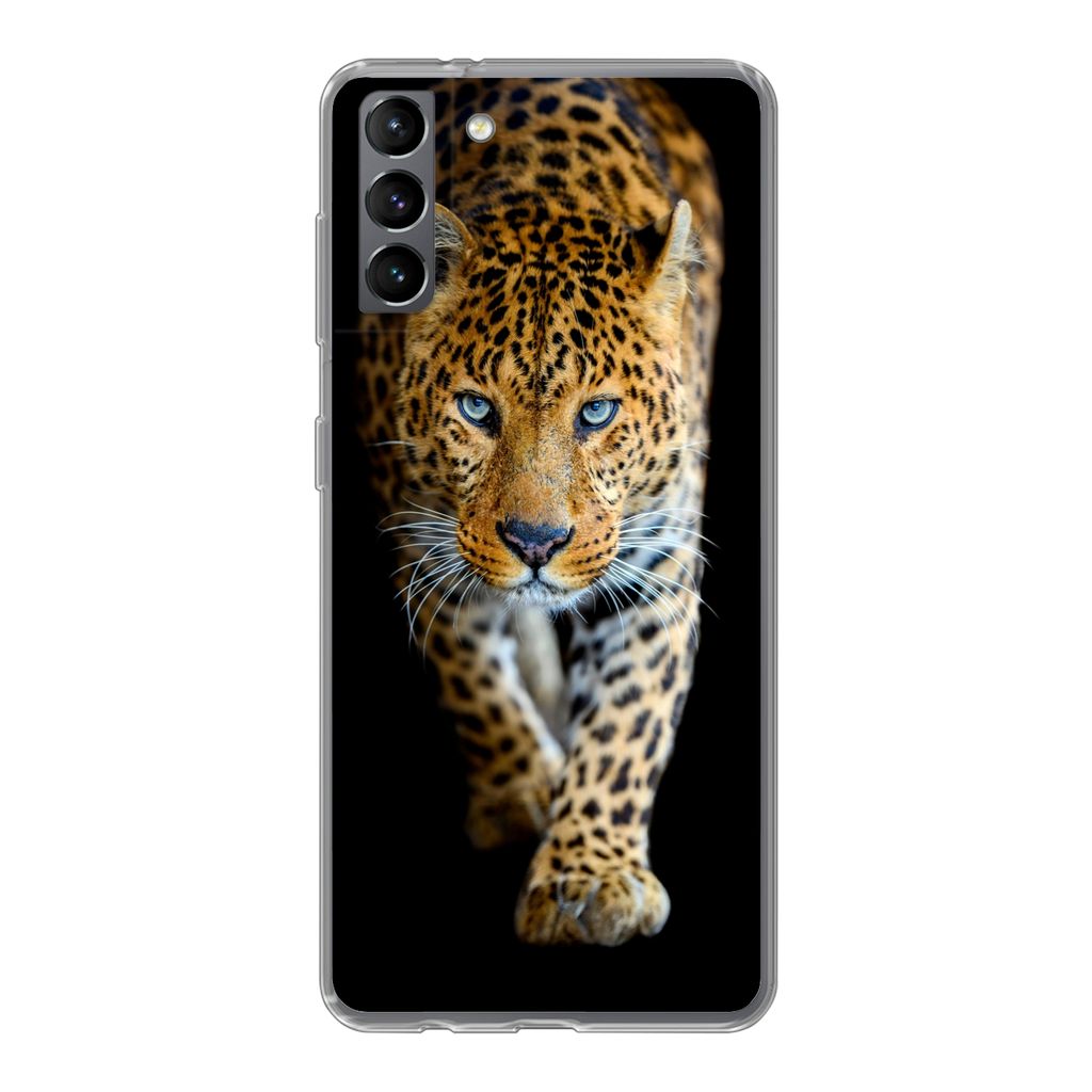 MuchoWow Handyhülle Schutzhülle Hülle für Samsung Galaxy S21 Plus Leopard - Tiere - Porträt - Wildtiere - Schwarz Silikon Softcase Handy Hü...