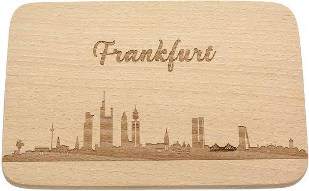 Hölzerner Frühstückstisch mit Frankfurt-Skyline-Gravur, Stadtgeschenk für Stadtliebhaber