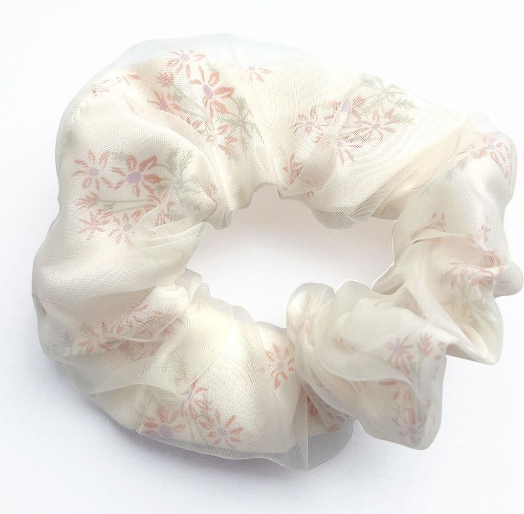 Doppellagiges Chiffon-Haargummi mit Blumen Beige