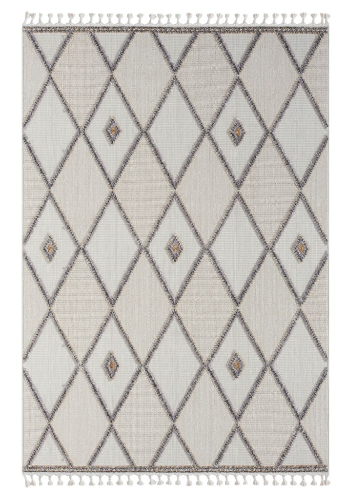 MY-RUG Teppich, Lina 2, 230x160, Weiß Grau, Kurzflorteppich, moderne Hoch-Tief-Struktur, Boho-Stil, mit Fransen, Rechteckig