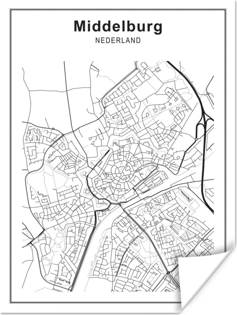 MuchoWow Poster Stadtplan - Middelburg - Schwarz und weiß 60x80 cm - Schlafzimmer Dekoration