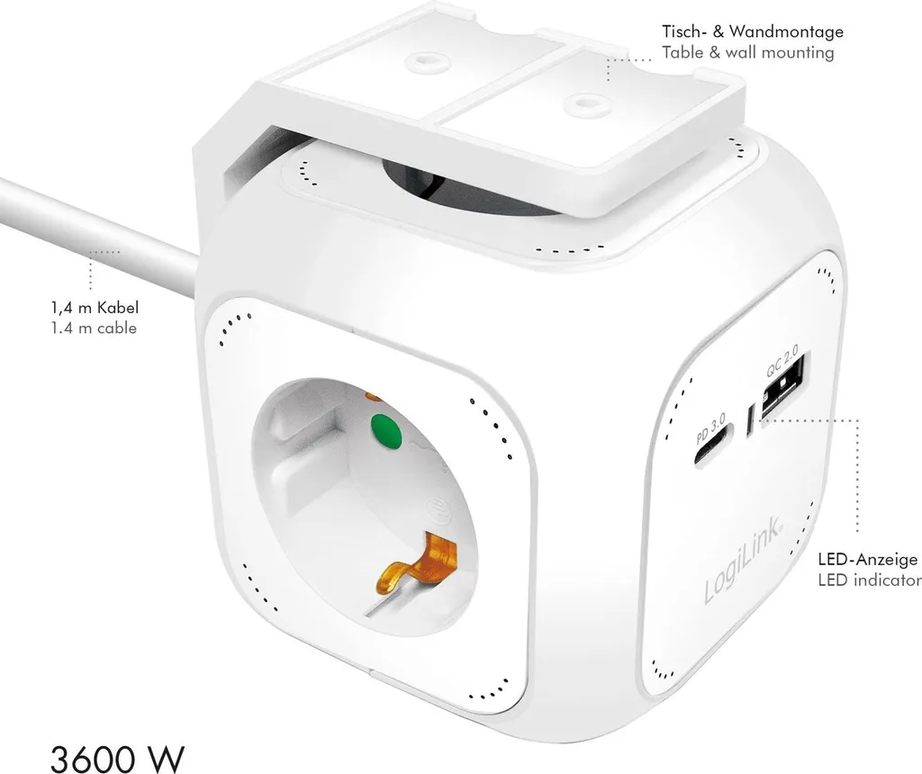 Power Cube Multiprise avec USB-A et USB-C PD 20W Charge Rapide Blanche