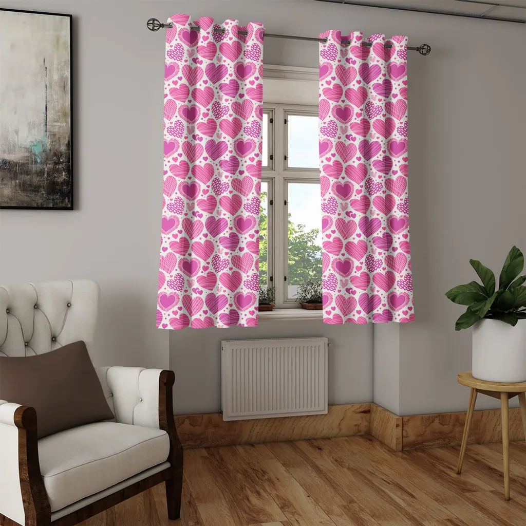 Rideau design cœurs roses et blancs à œillets, textile haute qualité 280cm