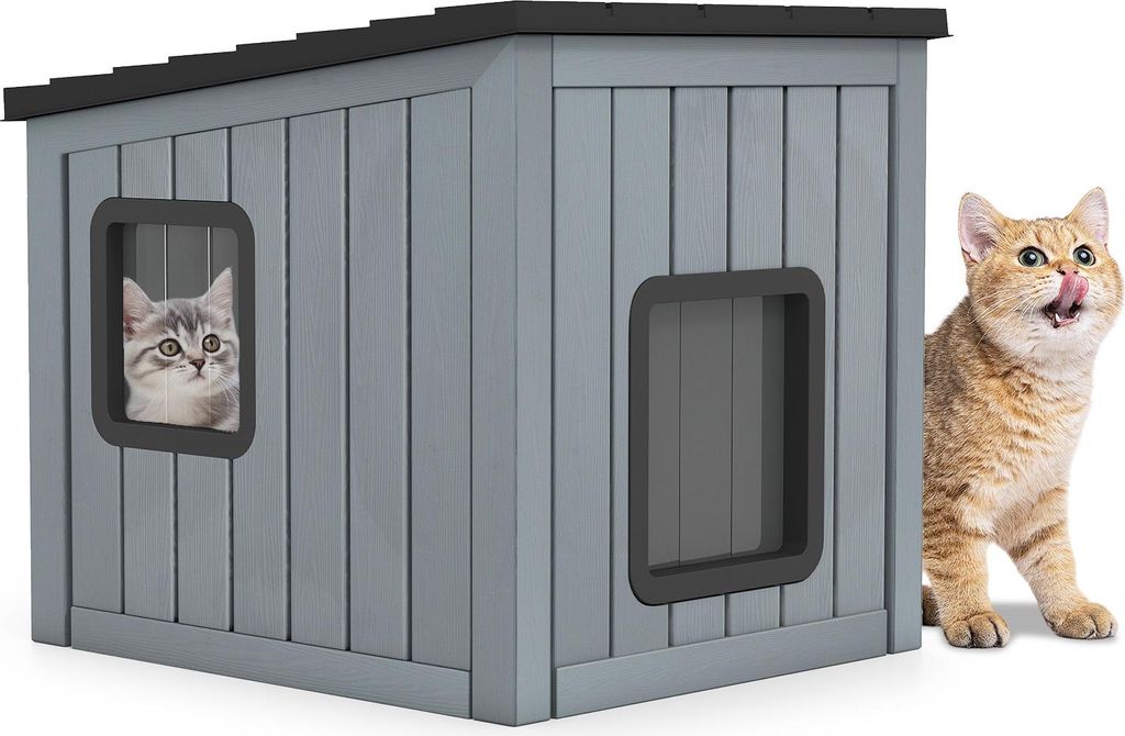 COSTWAY Katzenhaus Outdoor Winterfest, Isolierte Katzenhütte, Katzenhöhle PP mit 2 PVC-Türen & geneigtem Dach für Haustier 62,5x54 x56,5cm