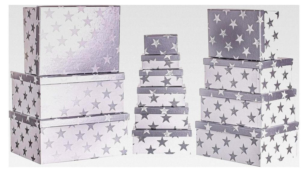 Geschenkbox Aufbewahrungsbox aus Karton mit Deckel - stabiler Karton - 13er Set in absteigender Größe - Sterne/Silber