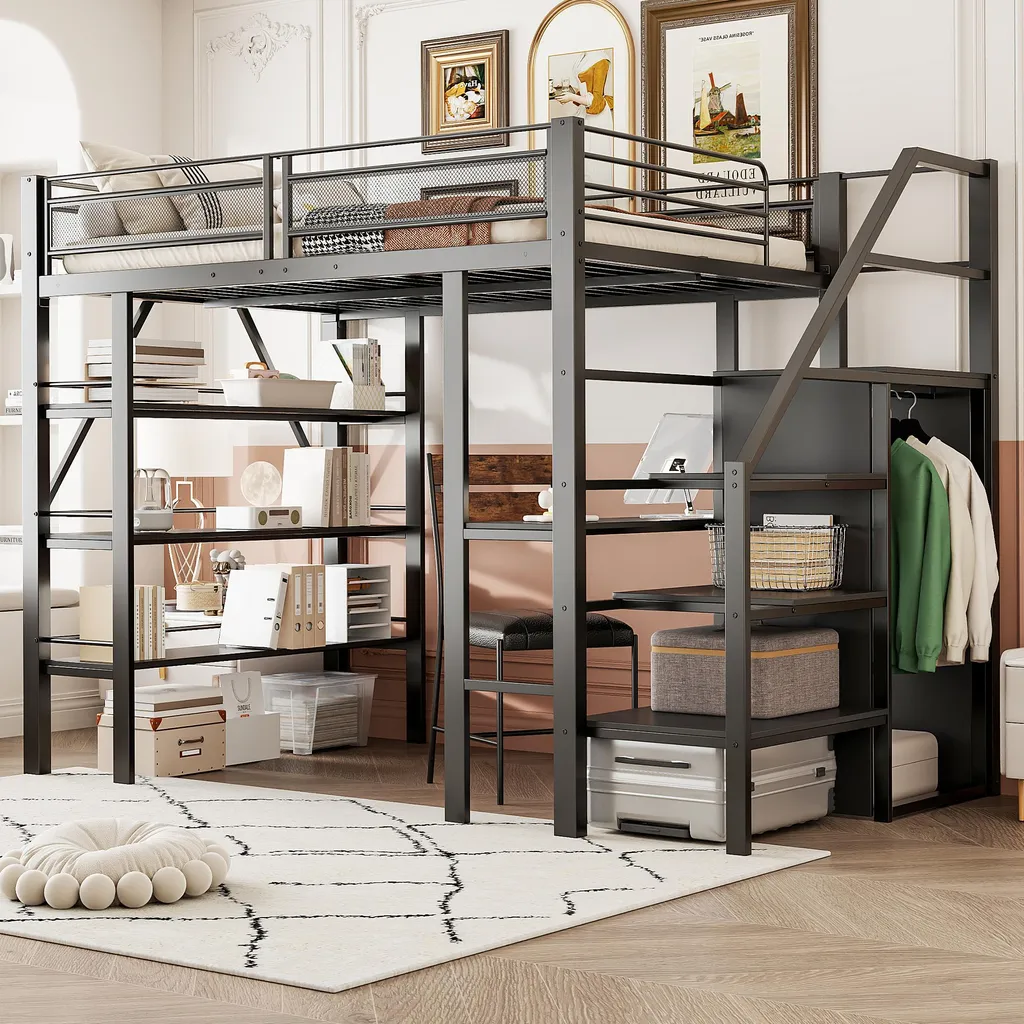 Lit combiné 140x200 en fer avec marches de sécurité et rangements