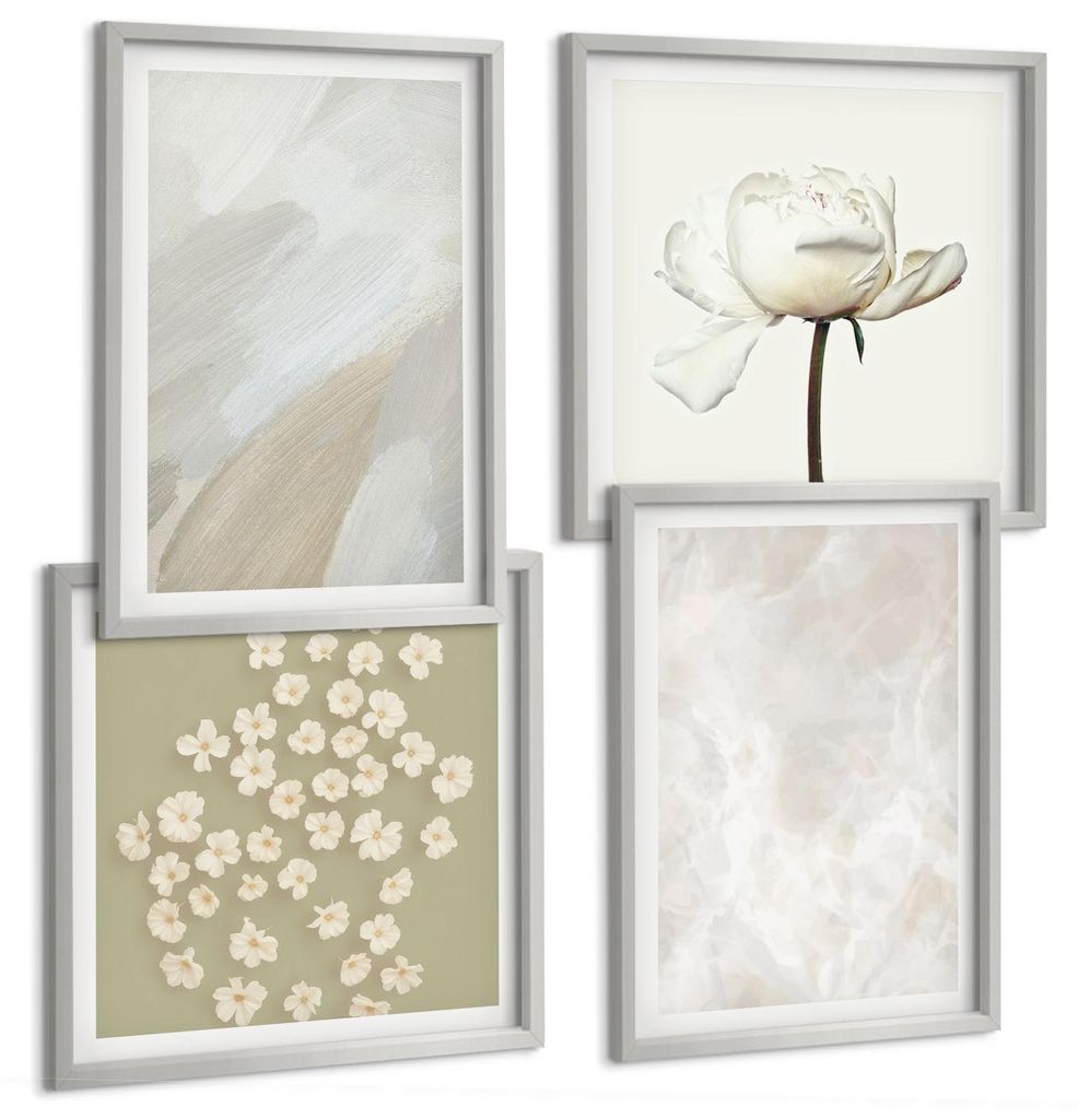 Bilder Set 4-teilig im silbergerahmten Rahmen – Wandbilder 4 Stück – gerahmte Poster für Wohnzimmer, Schlafzimmer und Flur – 50x50 cm - 40x...