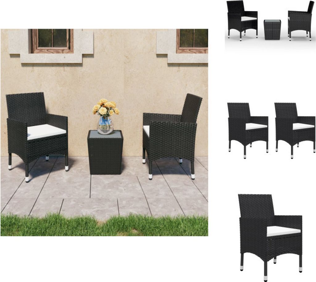 vidaXL 3-tlg. Bistro-Set Poly Rattan und Hartglas Schwarz - Produktbild 
