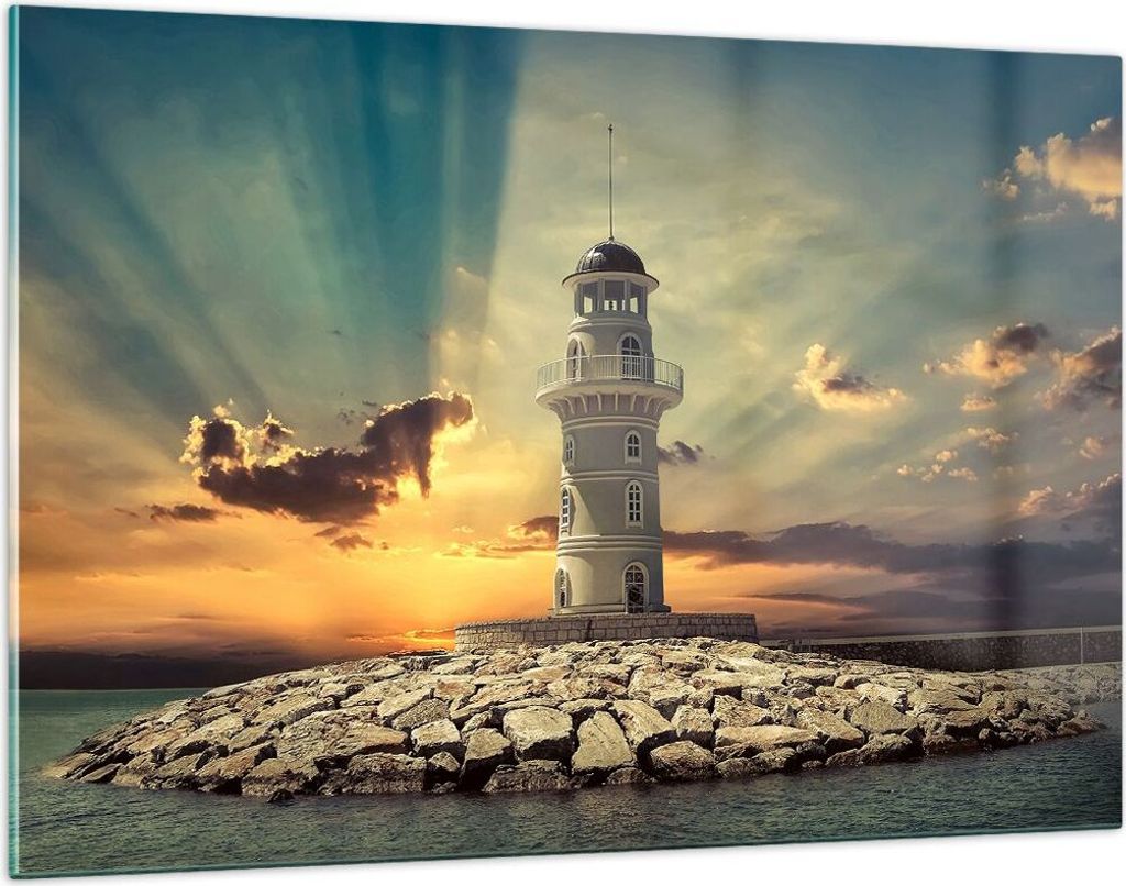 Bilder auf glas - Leuchtturm Wasser Meer Steine - 120x80cm - Glasbilder - Wandbilder - Kunstdruck - zum Aufhängen bereit - Wanddekoration aus Glas...