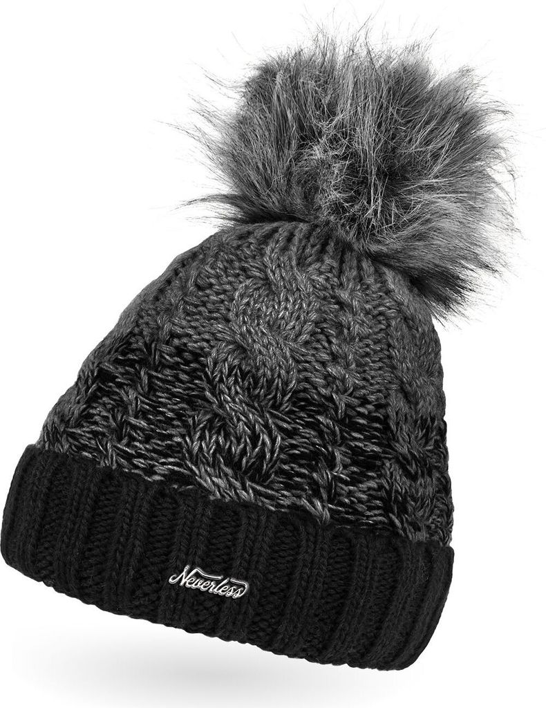 Damen Strick-Mütze gefüttert Fleece-Innenfutter Fell-Bommel Kunstfell Winter-Mütze Bommelmütze Zopfmuster mehrfarbig Umschlag Neverless schwa...