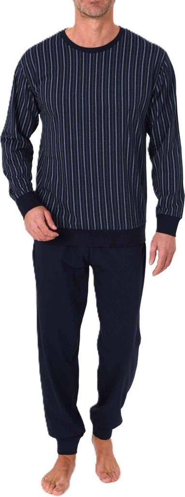 Normann Herren Schlafanzug langarm Pyjama mit Bündchen in zeitloser Minimal Print Optik ; navy , 50