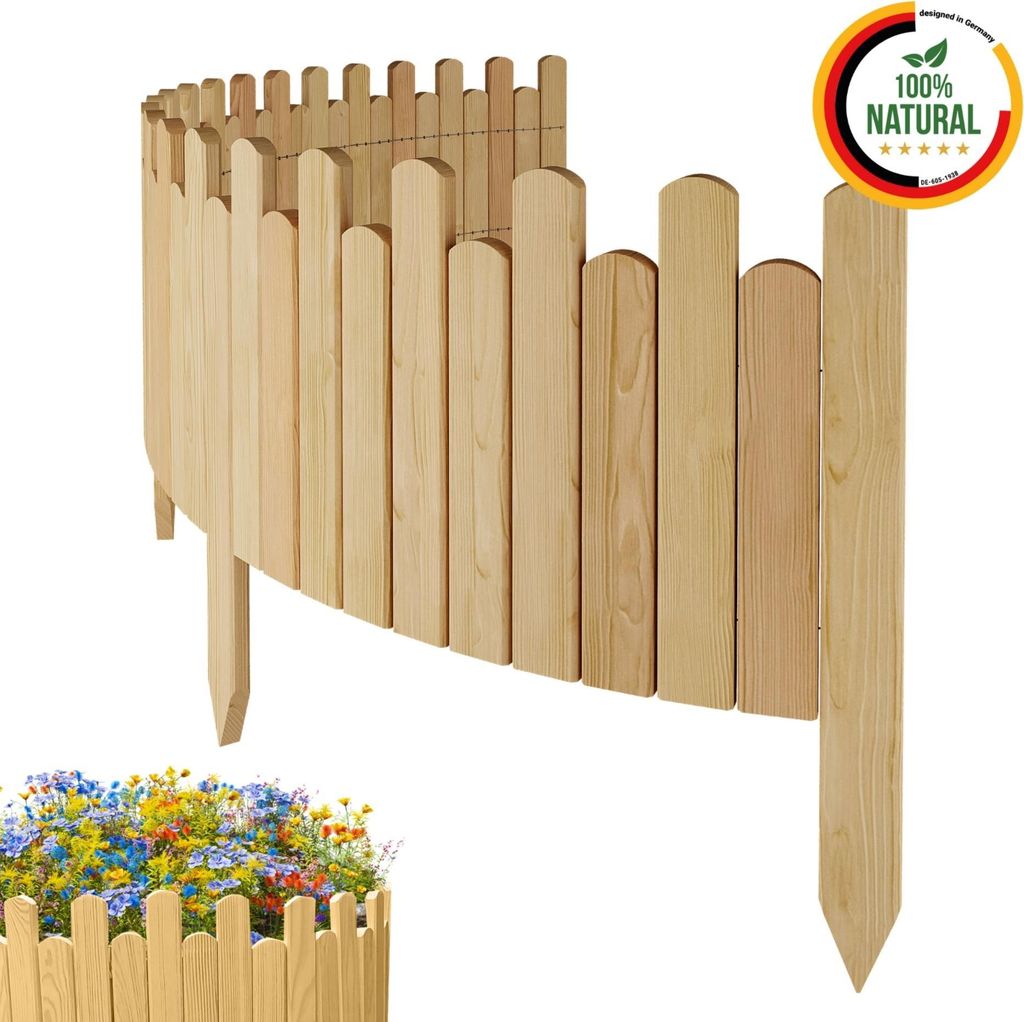 Floranica Rasenkante 200 x 40 cm Natur Flexible Beeteinfassung aus Holz als Rollborder Palisade Gartenzaun