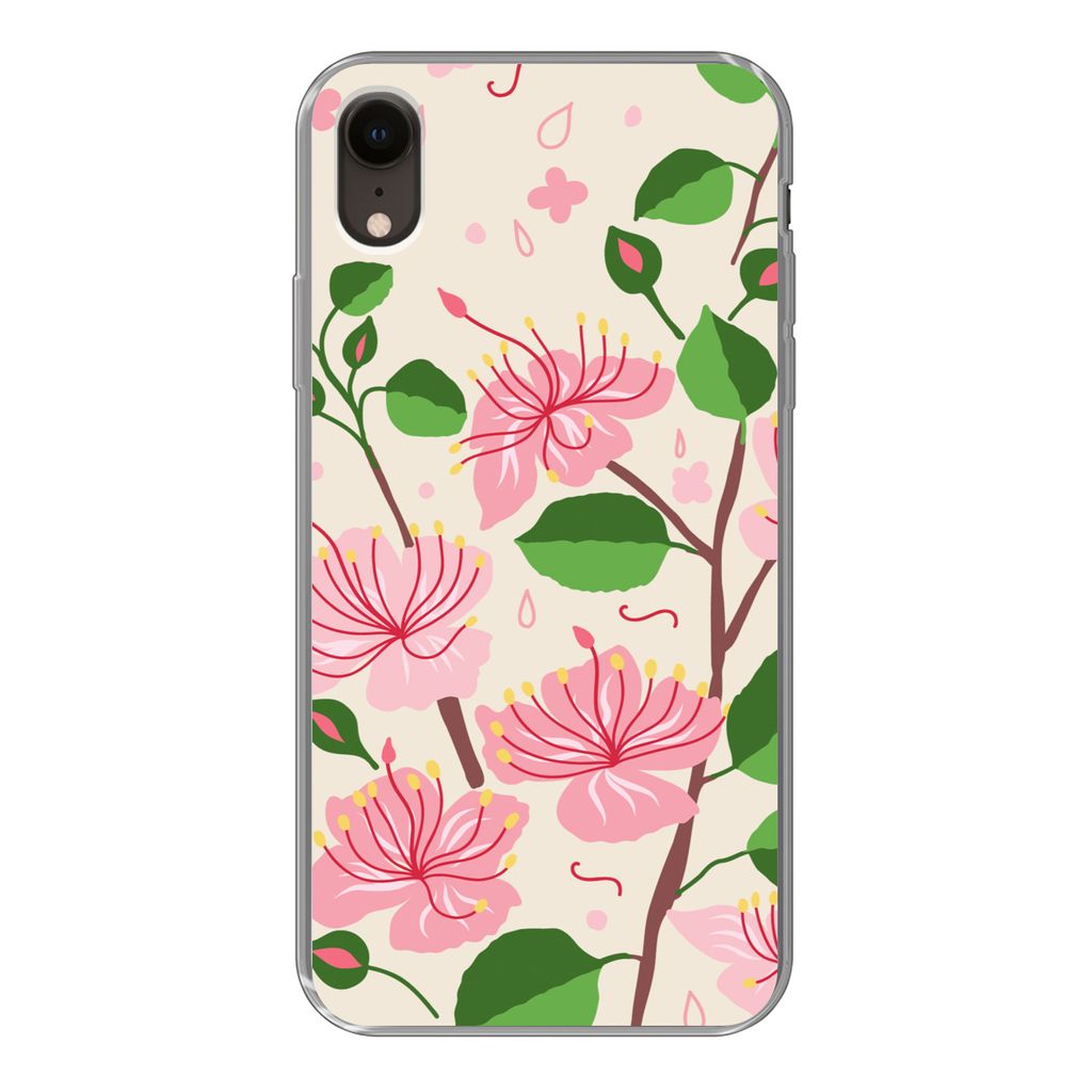 MuchoWow Handyhülle Schutzhülle Hülle für iPhone XR Blume - Rosa - Blatt - Muster Silikon Softcase Handy Hülle - Schutzdeckel