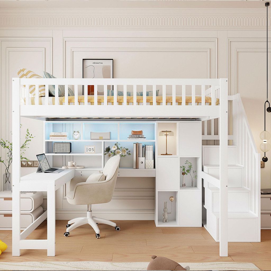 STILVORA Hochbett Kinderbett 140x200cm mit LED-Lichtleiste,ohne Matratze,Jugendbett mit Rutsche und Ablagefächer, Bettgestell mit integriertem Sch...