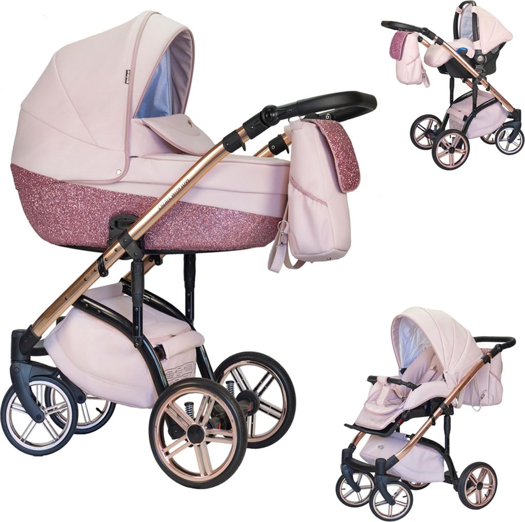 Kinderwagen-Set Vip Lux 4 in 1 inkl. Sportsitz, Autositz und umfangreichem Zubehör in Farbe Rose - in 21 Farben erhältlich