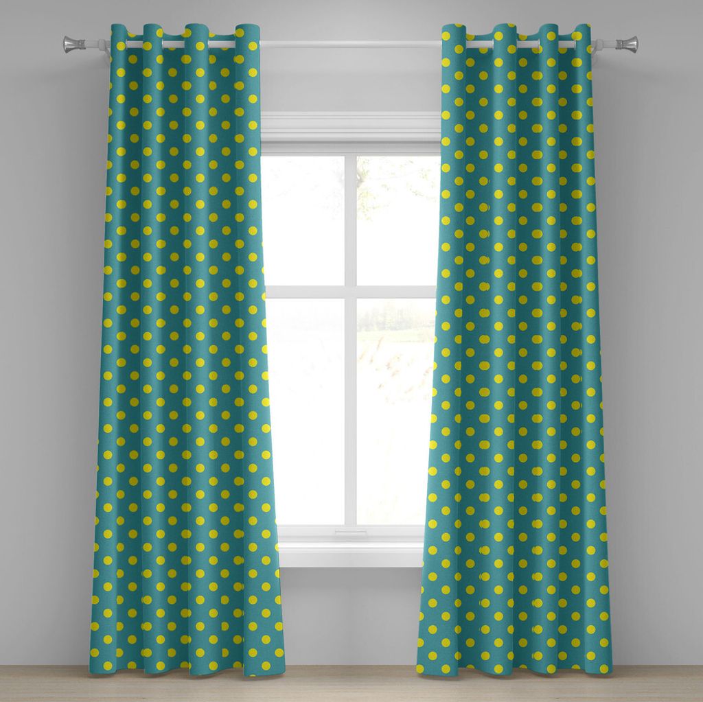 ABAKUHAUS Gelb und Blau Ösenvorhang, Große Vintage Polka Dots Muster nostalgisch stilisierte Gefleckte Pastell Design, Dekorative 2-Panel-Fenster...