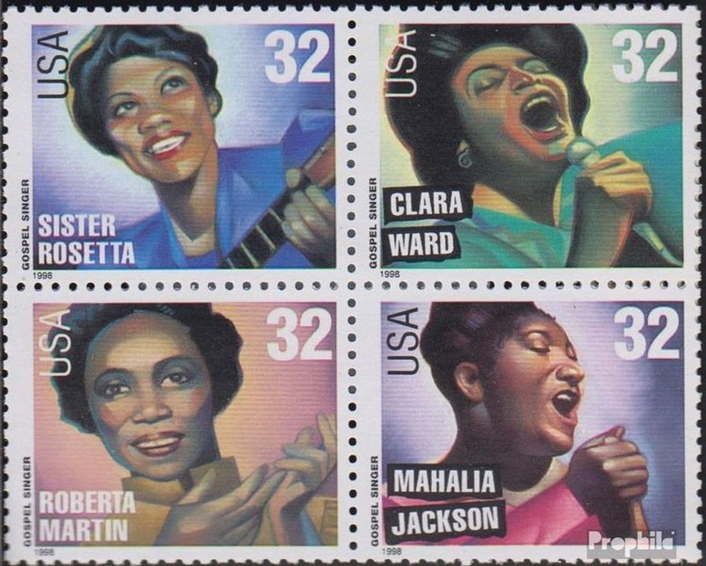Briefmarken USA 1998 Mi 2984-2987 Viererblock (kompl.Ausg.) postfrisch Musikgeschichte - Gospelsänger