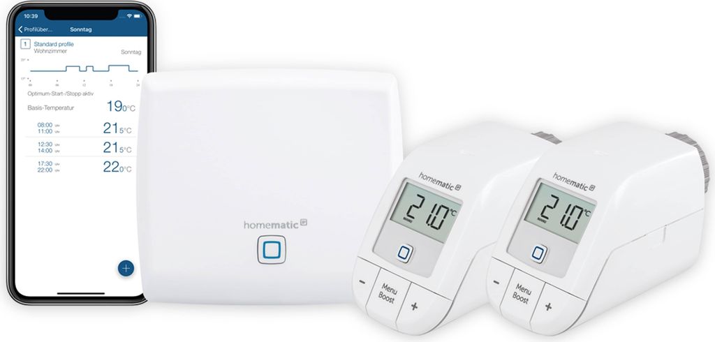 A smartphone displaying a heating schedule, a central hub, and two radiator thermostats are arranged on a white background.