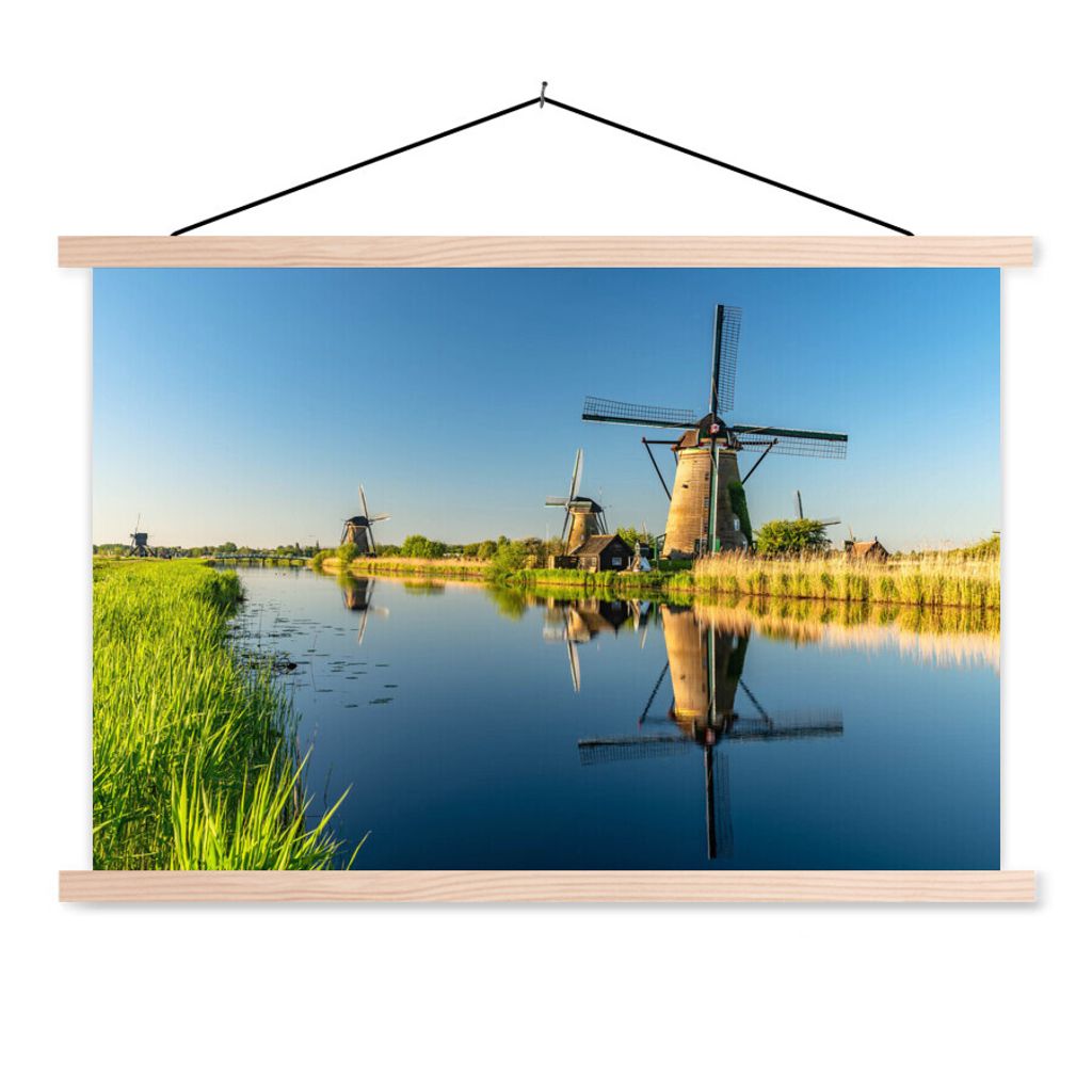 MuchoWow Textilposter Mühle - Wasser - Spiegelung - Niederlande 120x80 cm mit holzfarbenen Rahmen - Aufhängeset