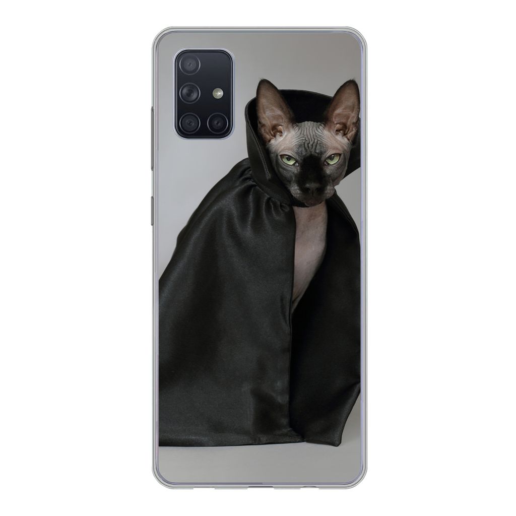 MuchoWow Handyhülle Schutzhülle Hülle für Samsung Galaxy A71 Katze - Umhang - Schwarz Silikon Softcase Handy Hülle - Kartenbesitzer