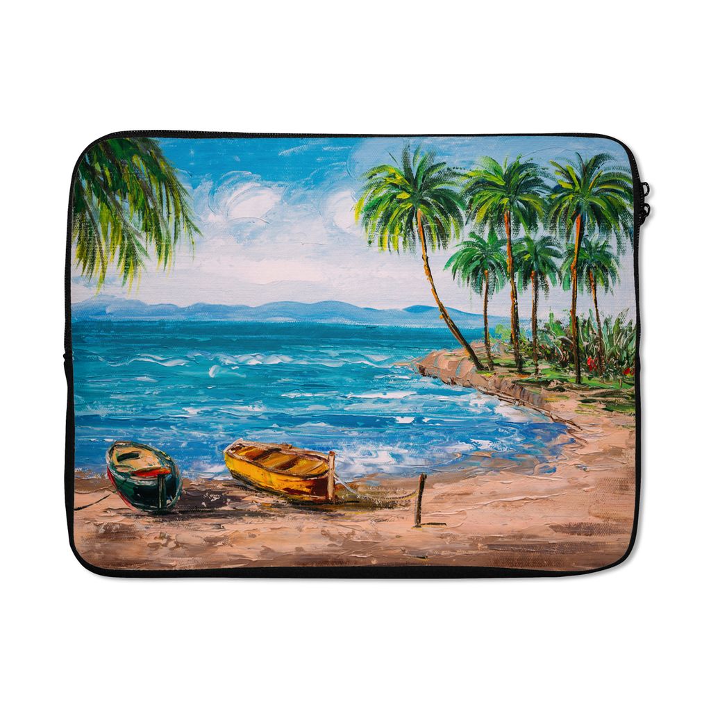 MuchoWow Laptop Hülle 15 Zoll Gemälde - Öl auf Leinwand - Strand - Palme - Boot Laptoptasche - Laptoptasche - Sleeve - Rundum-Schutz