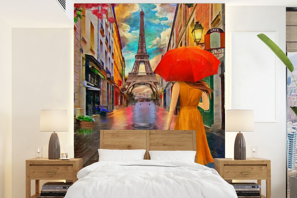 MuchoWow Fototapete für Wohnzimmer oder Schlafzimmer Wandtapete Vinyl Motivtapete Gemälde - Ölfarbe - Frau - Hund - Paris - 160x220 cm - Bilds...